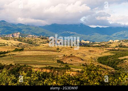 Melnik Earth Pyramids seen from Zornitza Family Estate. Lozenitsa, Bulgaria Stock Photo