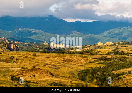 Melnik Earth Pyramids seen from Zornitza Family Estate. Lozenitsa, Bulgaria Stock Photo