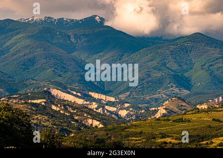 Melnik Earth Pyramids seen from Zornitza Family Estate. Lozenitsa, Bulgaria Stock Photo