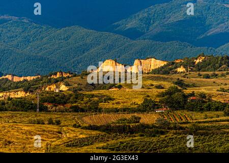 Melnik Earth Pyramids seen from Zornitza Family Estate. Lozenitsa, Bulgaria Stock Photo