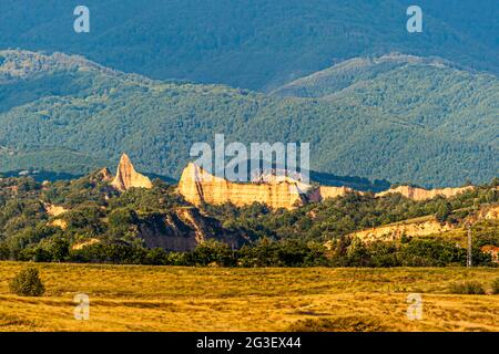 Melnik Earth Pyramids seen from Zornitza Family Estate. Lozenitsa, Bulgaria Stock Photo