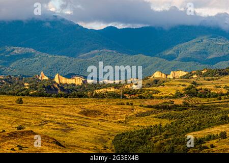 Melnik Earth Pyramids seen from Zornitza Family Estate. Lozenitsa, Bulgaria Stock Photo