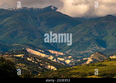 Melnik Earth Pyramids seen from Zornitza Family Estate. Lozenitsa, Bulgaria Stock Photo