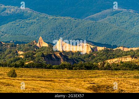 Melnik Earth Pyramids seen from Zornitza Family Estate. Lozenitsa, Bulgaria Stock Photo