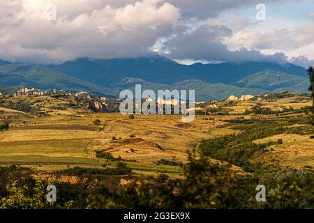 Melnik Earth Pyramids seen from Zornitza Family Estate. Lozenitsa, Bulgaria Stock Photo