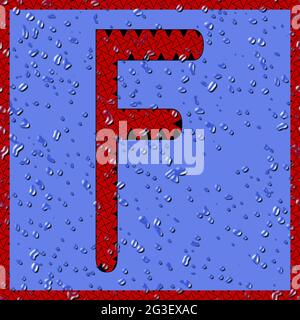graphic with the OCR uppercase character F as red monogram with blue water drops Stock Photo