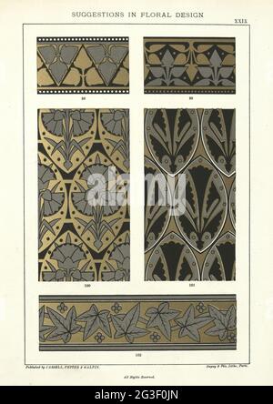 Suggestions in floral design, Victorian 19th Century, gold and black patterns Stock Photo