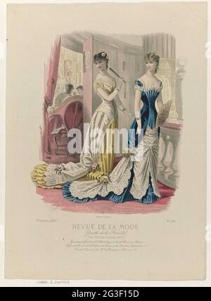 Revue de la fashion, Gazette de la Famille, Dimanche 29 Février 1880, 9th Année, No. 426: Garnitures & Gants de la Ville de Lyon ... Two women at the entrance of a theater log, Range in hand. Left: Jap for the theater and 'Grande Soirée'. Right: Evening juke for the theater, 'Grand Diner' and Soirées. Long satin skirt in 'Bleu de Sèvres' with trail, which white side secured with two flower corsages of tea boxes. Under the show some rules advertising text for different products. Print from the floor magazine Revue de la Mode (1872-1913). Detailed description of the clothing on page 77 and 78 'P Stock Photo