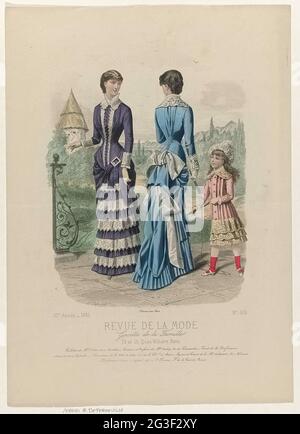 Revue de la fashion, Gazette de la Famille, Dimanche 11 September 1881, 10th Année, No. 506: Toilettes De Melles Vidal (...). Two women and a girl with jump rope in a landscape. The ladies are dressed in the vidal dresses. Left: Jap of purple 'surah' and white lace. Right: Jap of light blue wool muslin and sky blue silk. The girl is wearing a 'robe anglaise' from Barbey. Below some rules advertising text for different products. Print from the floor magazine Revue de la Mode (1872-1913). Detailed description of the clothing on page 307 and 308 'Engraving Coloriée'.