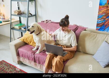 Young woman sitting on sofa with her dog and working online on laptop at home Stock Photo