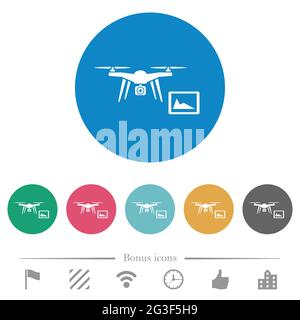Drone controlling from tablet flat white icons on round color backgrounds. 6 bonus icons included. Stock Vector