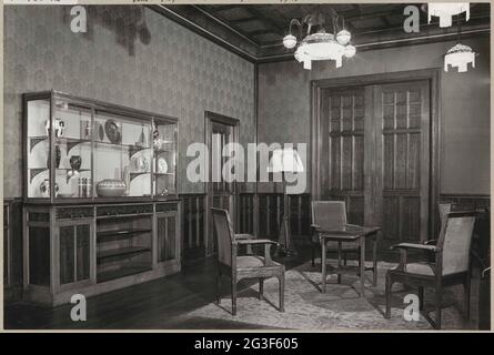 Room with display cabinet, furniture and lamps; Jugendstil. . Stock Photo