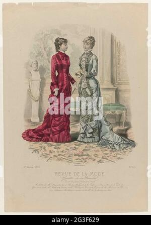 Revue de la Mode, Gazette de la Famille, Dimanche 22 Février 1880, 9th Année, No. 425: Toilettes De Mme Marcad (...). Two women in a hall, dressed in dresses of Marcade. Left: Jap of pink faille and satin. Right: Jap of 'Gris Russe' and moss-green brocade. Large jabot of white lace. Under the show some rules advertising text for different products. Print from the floor magazine Revue de la Mode (1872-1913). Detailed description of the clothing on page 69 'Planche Coloriée'. Stock Photo