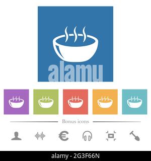 Glossy steaming bowl flat white icons in square backgrounds. 6 bonus icons included. Stock Vector