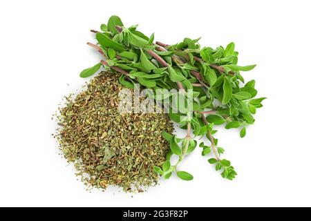 Oregano or marjoram leaves fresh and dry isolated on white background with clipping path. Top view. Flat lay Stock Photo
