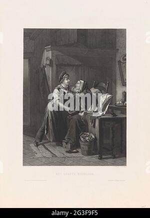 Young man shows a hand full of coins to a seated woman; The first weekly wage. In a farmer's interior there is an older woman in a chair, with a pillow in her back and her foot on a stew. She embraces a young man who holds a few coins in his hand, who fall into her lap. Stock Photo