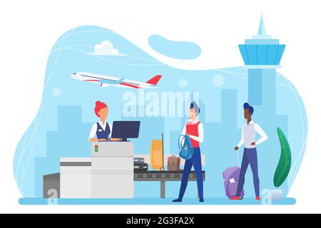 People passengers and luggage conveyor belt machine in airport vector illustration. Cartoon tourist characters with suitcases passing control on bags check security inspection isolated on white Stock Vector