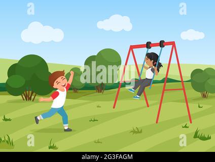 Happy children ride swing, preschool kids play in summer park together vector illustration. Cartoon funny little girl boy child characters playing fun game in playground, active exercise background Stock Vector