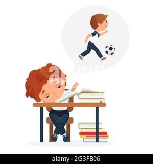 Children study hard, education problem of bored kid vector illustration. Cartoon tired boy child character sitting at school books and studying homework, dreaming of playing ball outdoors background Stock Vector