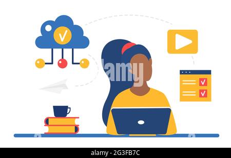 Cloud storage system for business remote work vector illustration. Cartoon woman character working online with laptop, sitting at table, download and upload data information files via internet Stock Vector