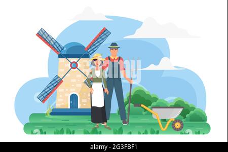 Farmer people in eco village rural landscape with windmill vector illustration. Cartoon agricultural workers couple standing together, man character holding pitchfork and wheelbarrow isolated on white Stock Vector