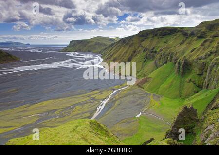 View over the glacial river Múlakvísl which draws its water from the Mýrdalsjökull, Sudurland on the western side of Mýrdalssandur, South Iceland Stock Photo