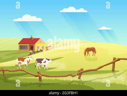 Village dairy farm with cows, rural ranch countryside summer landscape vector illustration. Cartoon cow and horses animals, farmland cattle grazing on summer meadow field next to farmhouse background Stock Vector
