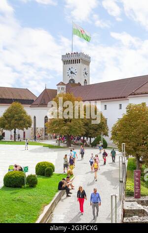 Ljubljana, Slovenia - August 15, 2018: Visitors enjoy the Panoramic Tower and the courtyard of the Castle of Ljubljana, Slovenia's capital Stock Photo