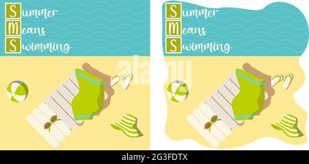 Summer means swimming. Set of two square shaped beach backgrounds and cursive lettering Stock Vector