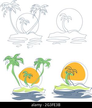 Set of icons with tropical islands drawing with single line and colored shapes Stock Vector