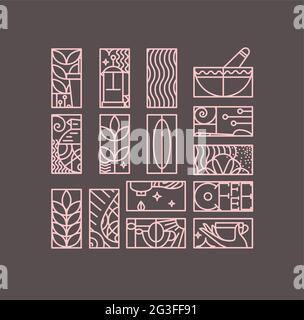 Set of creative modern art deco coffee signs in flat line style drawing on brown background. Stock Vector