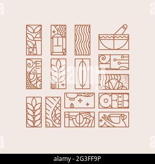 Set of creative modern art deco coffee signs in flat line style drawing on beige background. Stock Vector
