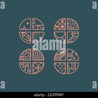 Set of creative modern art deco coffee chevrons in flat line style drawing on dark background. Stock Vector