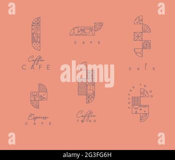 Set of creative modern art deco coffee elements in flat line style drawing on coral background. Stock Vector