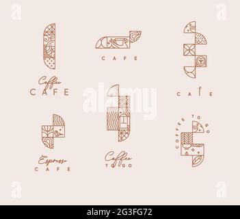 Set of creative modern art deco coffee elements in flat line style drawing on beige background. Stock Vector