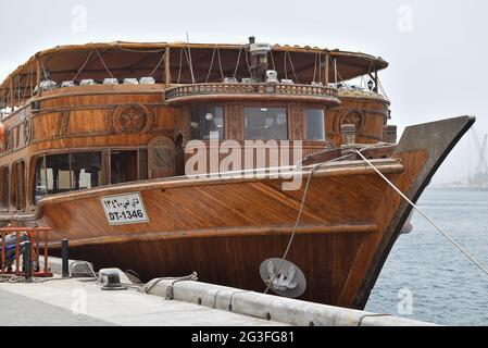 Traditional wooden boat with restaurant in Dubai creek Area, UAE. Stock Photo
