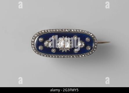 Oval brooch 'au firmament'. Enameled golden brooch with diamonds. Stretched oval of shape and surrounded by an edge of diamonds. The middle is blue enamelled, with a regular pattern with diamonds in it, representing a starry sky. (Originally the upper part of a ring.) Stock Photo