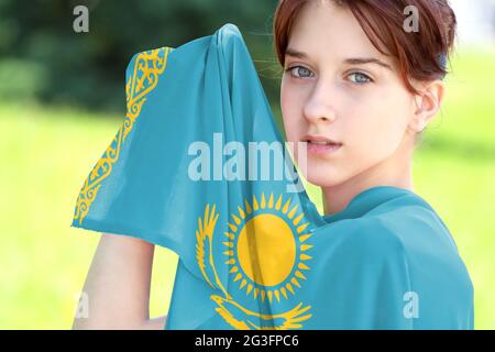 Young girl holding the flag of Kazakhstan close up Stock Photo