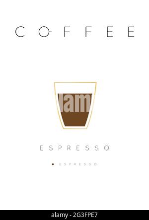 Poster coffee espresso with names of ingredients drawing in flat style on white background Stock Vector
