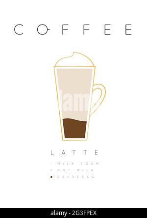 Poster coffee latte with names of ingredients drawing in flat style on white background Stock Vector