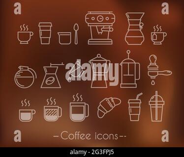 Coffee icons execution lines in minimalistic style symbol coffee cup, coffee, french press, plastic cups on brown background Stock Vector