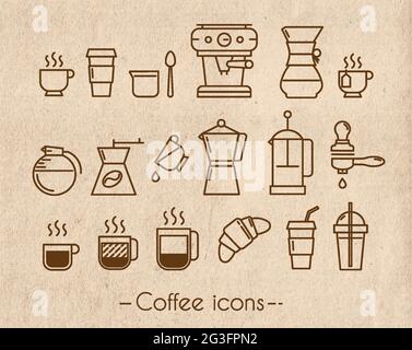 Coffee icons execution lines in minimalistic style symbol coffee cup, coffee, french press, plastic cups on the background craft Stock Vector