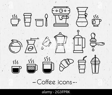 Coffee icons execution lines in minimalistic style symbol coffee cup, coffee, french press, plastic cups on paper background Stock Vector