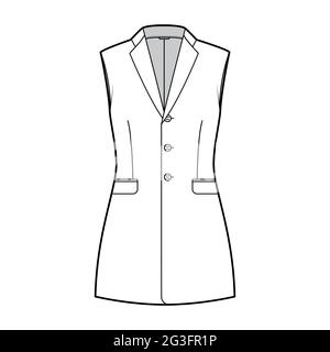 Sleeveless jacket lapelled vest waistcoat technical fashion illustration with notched collar, button-up, fitted body. Flat template front, white color style. Women, men unisex top CAD mockup Stock Vector