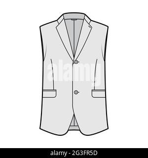 Sleeveless jacket lapelled vest waistcoat technical fashion illustration with single breasted, button-up closure, pockets. Flat template front, grey color style. Women, men unisex top CAD mockup Stock Vector