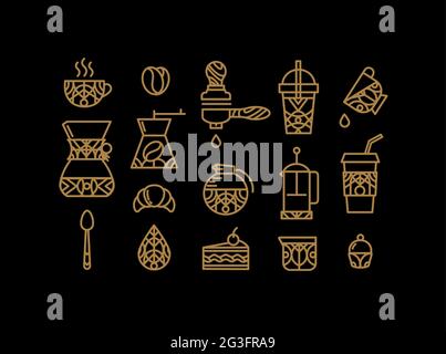 Coffee icons in flat style drawing by thin gold color lines on black background Stock Vector