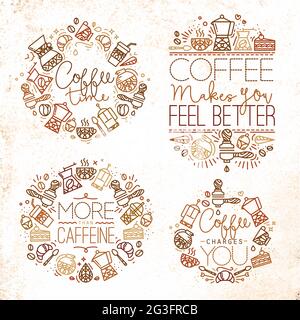 Coffee icon monograms in flat style, drawing with brown lines on white background lettering coffee time, coffee makes you feel better, more than caffe Stock Vector