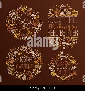 Coffee icon monograms in flat style, drawing with brown lines on dark brown background lettering coffee time, coffee makes you feel better, more than Stock Vector