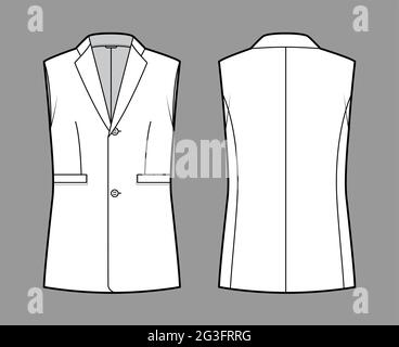 Sleeveless jacket lapelled vest waistcoat technical fashion illustration with notched collar, single breasted, pockets. Flat template front, back, white color style. Women, men unisex top CAD mockup Stock Vector