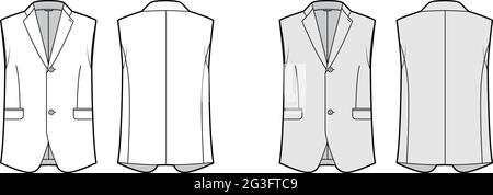 Sleeveless jacket lapelled vest waistcoat technical fashion illustration with single breasted, button-up closure, pockets. Flat template front, back, white, grey color style. Women, men unisex top CAD Stock Vector
